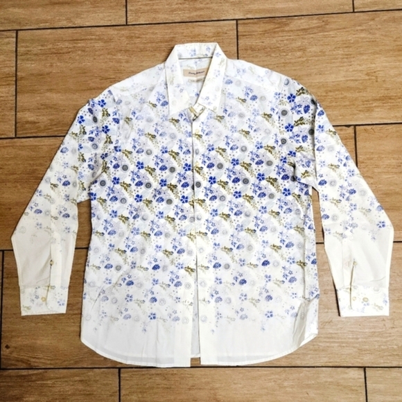 TOMMY BAHAMA ISLAND MODERN FIT Cotton Silk Blue Green Leaves Shirt Size L - Picture 1 of 15